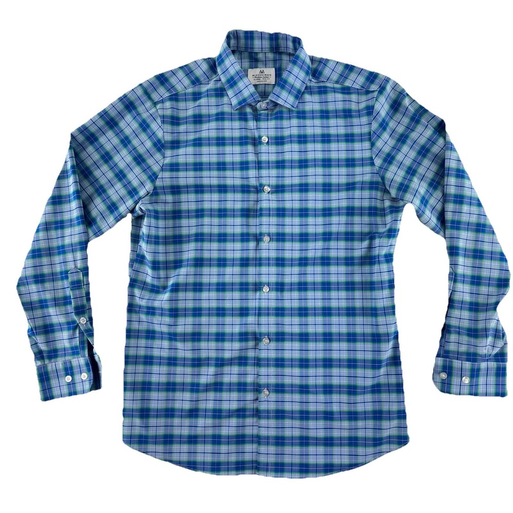 Mizzen+Main Stretch Button Up Shirt Mens XL Trim‎ Fit Blue Green Plaid